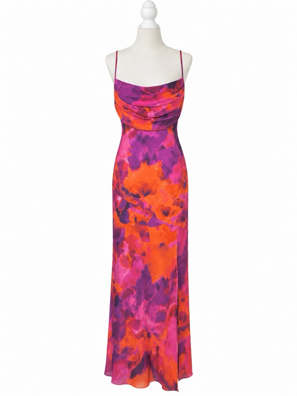 Selfie Leslie Cowl Neck Maxi Dress in Fuchsia and Orange Watercolor